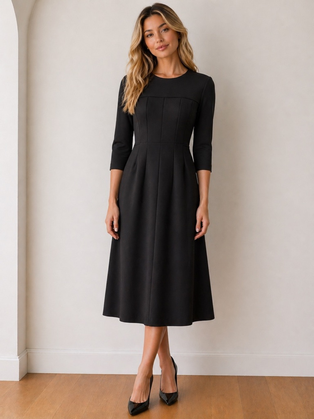 Marlowe Black Fit & Flare Midi Dress Size S Elegant Structured Classic